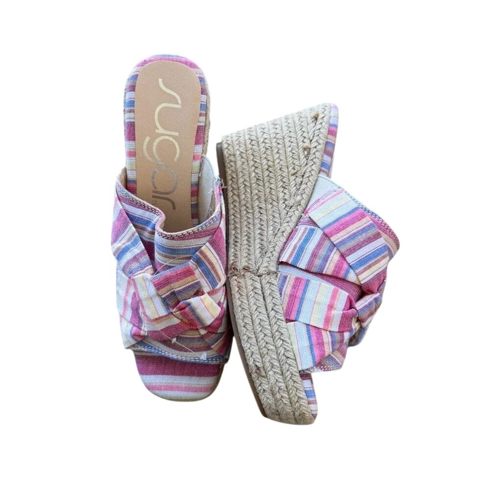 Sugar Harlem Womens 9.5M Striped Espadrille Wedge Sandals Pink Blue Multi Knot
